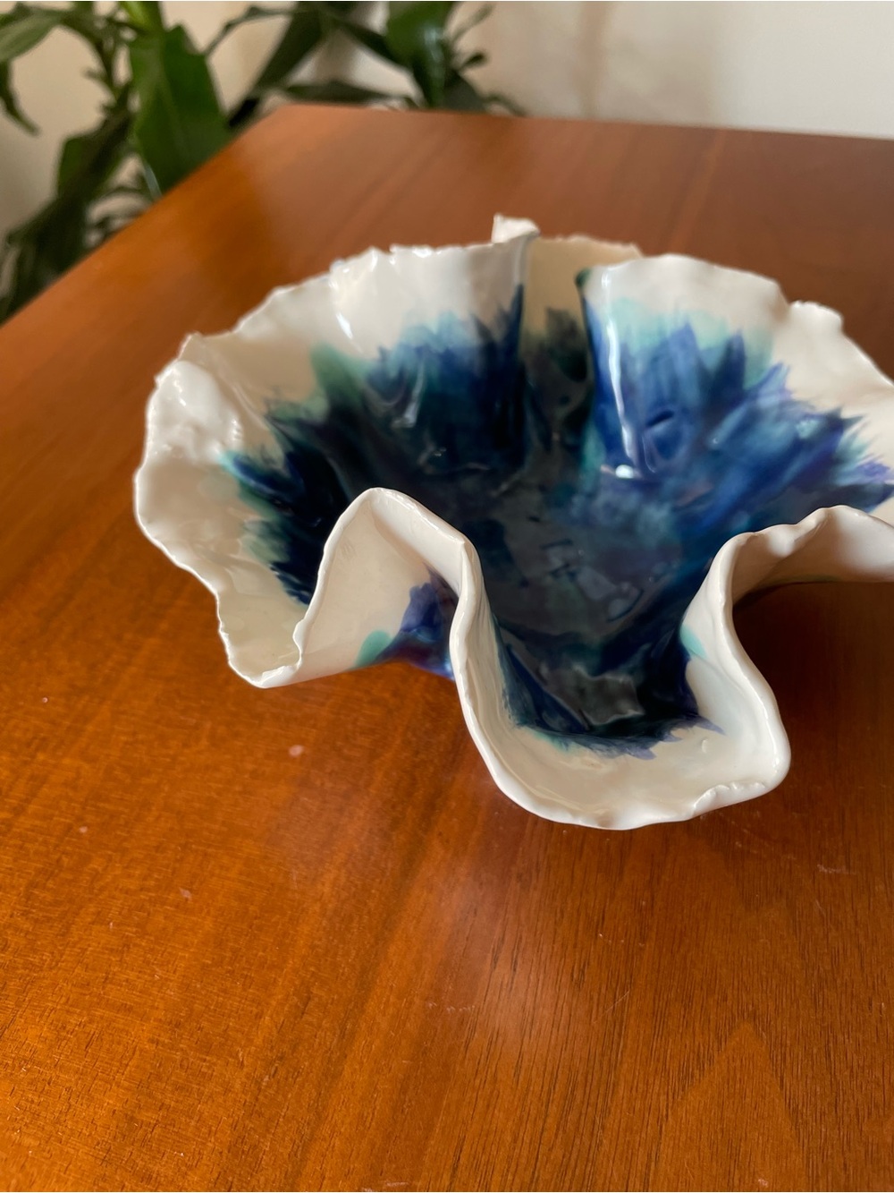 White Ceramic Decorative/ Ring Bowl with Blue Abstract Glaze - Picture 3 of 6